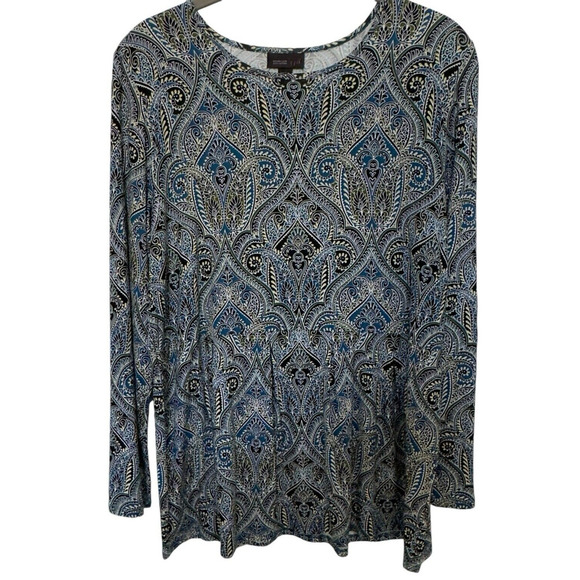 J Jill Wearever Collection Sz M Petite Paisley Tunic Top Long Sleeve Blue Multi - Picture 1 of 7